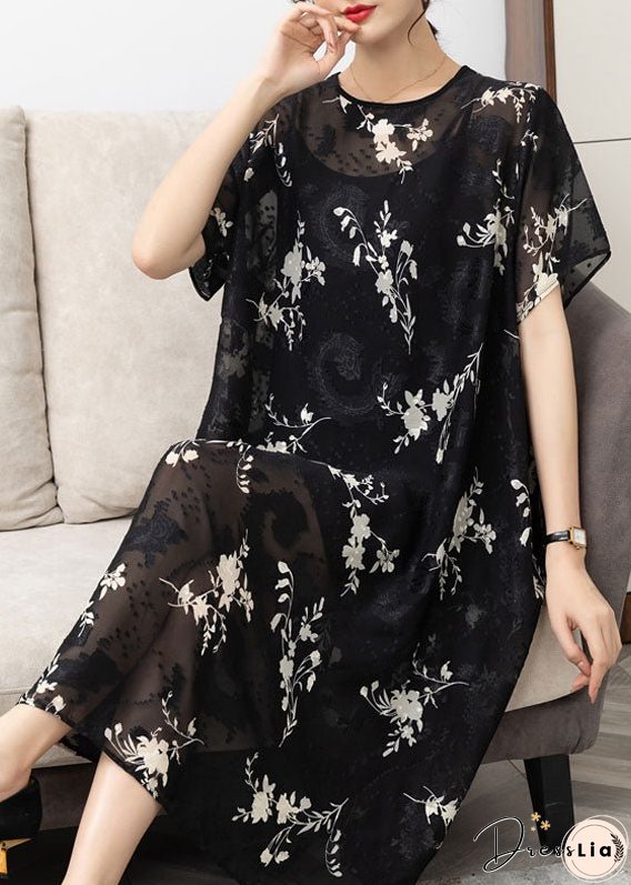 Handmade Black O Neck Print Patchwork Chiffon Dress Summer