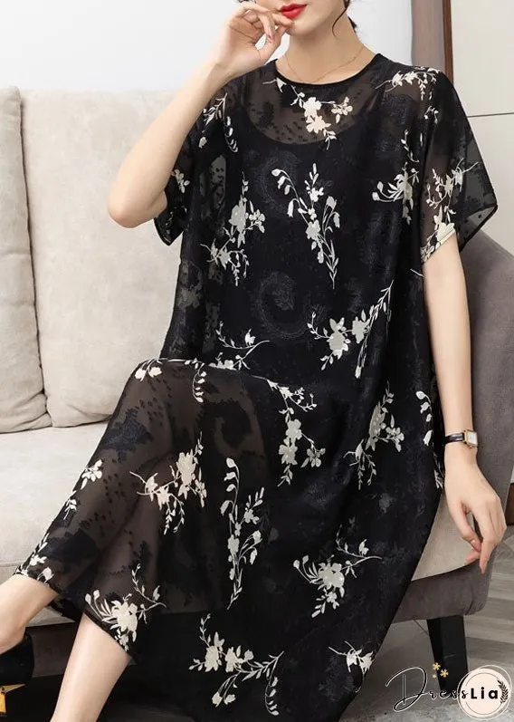 Handmade Black O Neck Print Patchwork Chiffon Dress Summer