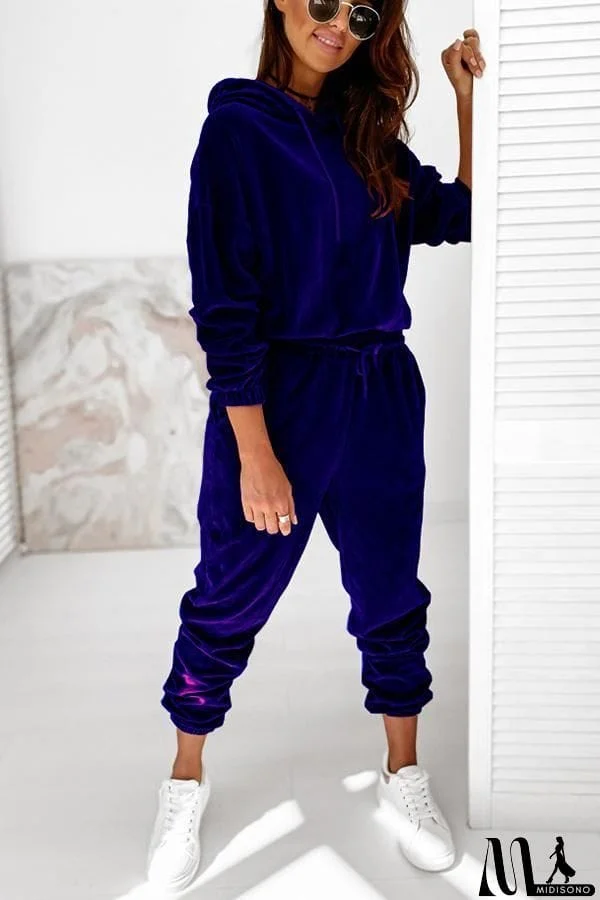 MidiSono - Velvet Drawstring Hooded Joggrt Set