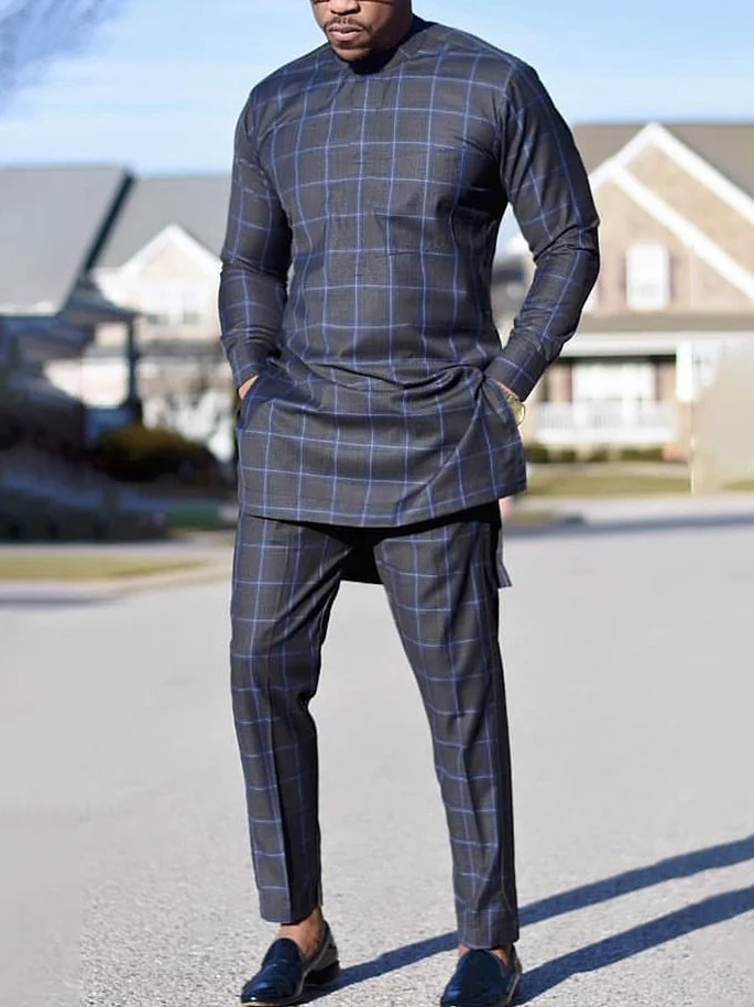 Men's chic and casual black geometric print long sleeve two-piece set