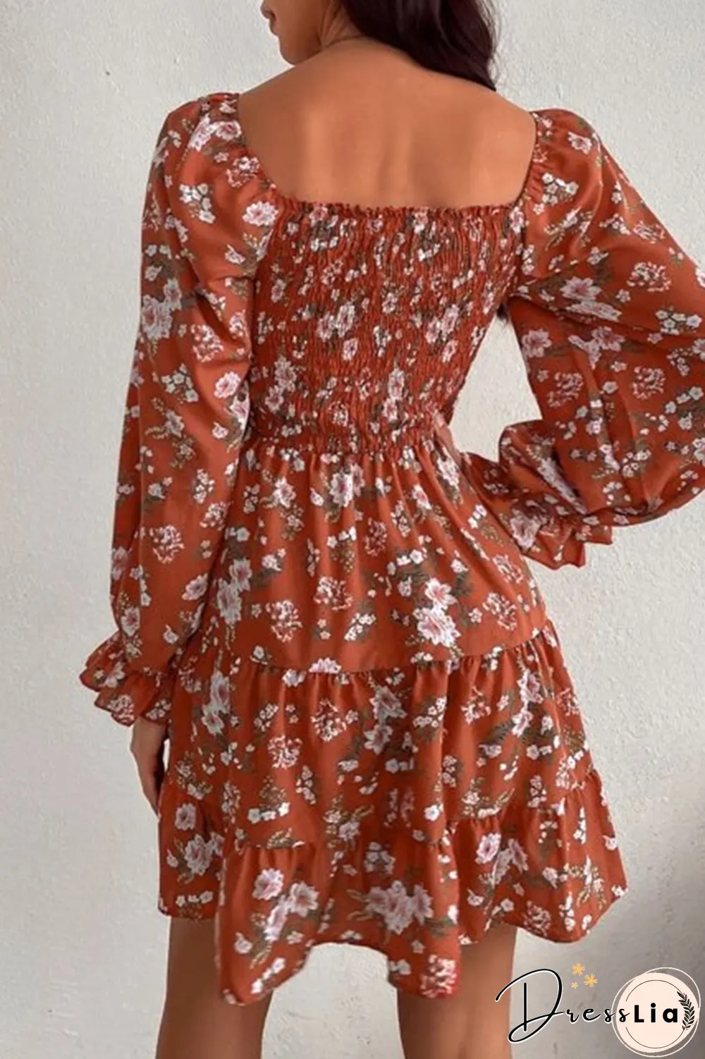Elegant Floral Split Joint Stringy Selvedge Square Collar Waist Skirt Dresses