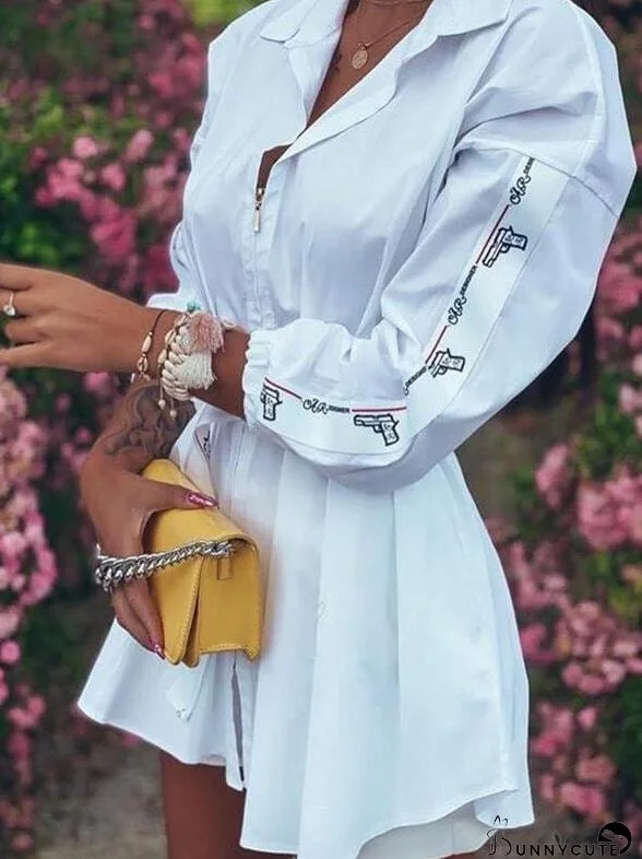 Lantern Sleeve Letter Printed Zipper Blouses for Women