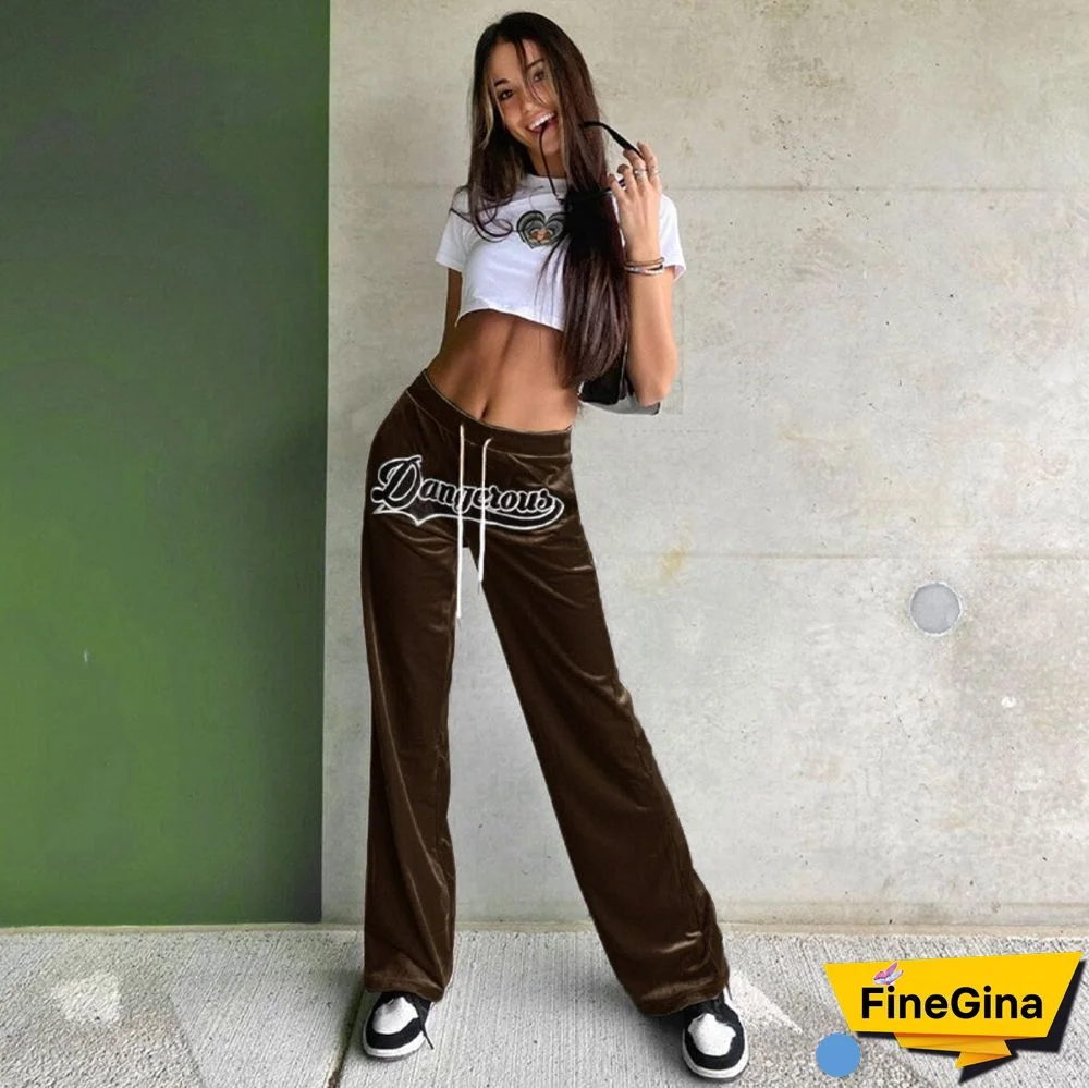 Graduation Gift Letter Embroidery Straight Pants Velvet Women Drawstring High Waist Trousers Casual Baggy Wild Streetwear Sweatpants