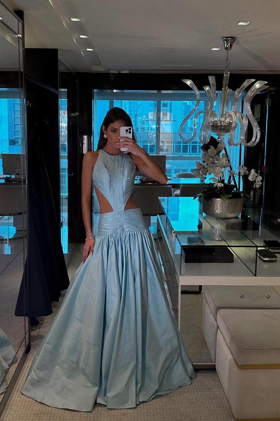 Lvs&Broner Jewel Neck Backless Sleeveless A Line Long Prom Dress With Pleated