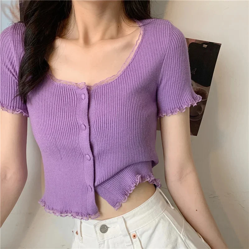 Uveng Uveng Retro Girl Soft Lace Collar Knitted Jersey High-Waisted Short-Sleeved T-Shirt Top
