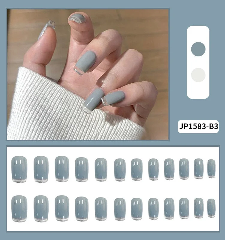 24pcs Grey Nail Patch Glue Type Removable Long Paragraph Fashion Manicure Save Time False Nail Patch SANA889-Nail Inspo