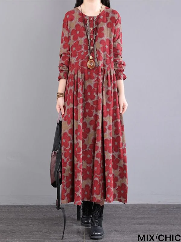 Casual Long Sleeves Loose Floral Printed Round-Neck Midi Dresses