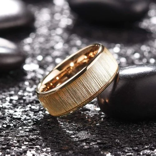 6MM 8MM Women Mens Tungsten Matching Gold Rings With Gold Wood Inlay High Polish Domed Top