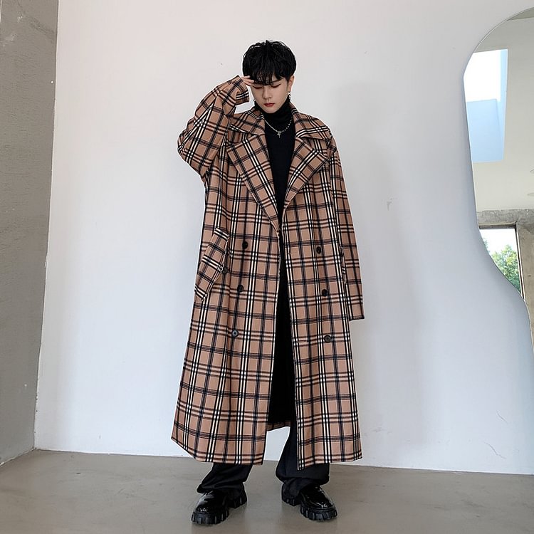 -Autumn and Winter Thick Khaki Grid British Retro Mid-length Coat-Yamamoto Diablo Clothing