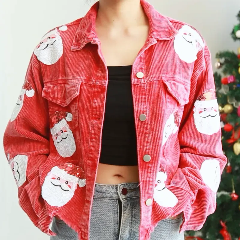 Uveng Santa Claus Vintage Jackets Single Breasted Christmas Corduroy Jackets Coats Retro Coats Chaqueta Navidad Mujer