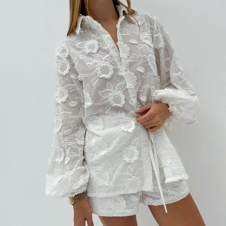 Churchf Churchf Suit 2024 Spring Autumn New Fashion Cotton Embroidered See-Through Shirt High Waist Shorts
