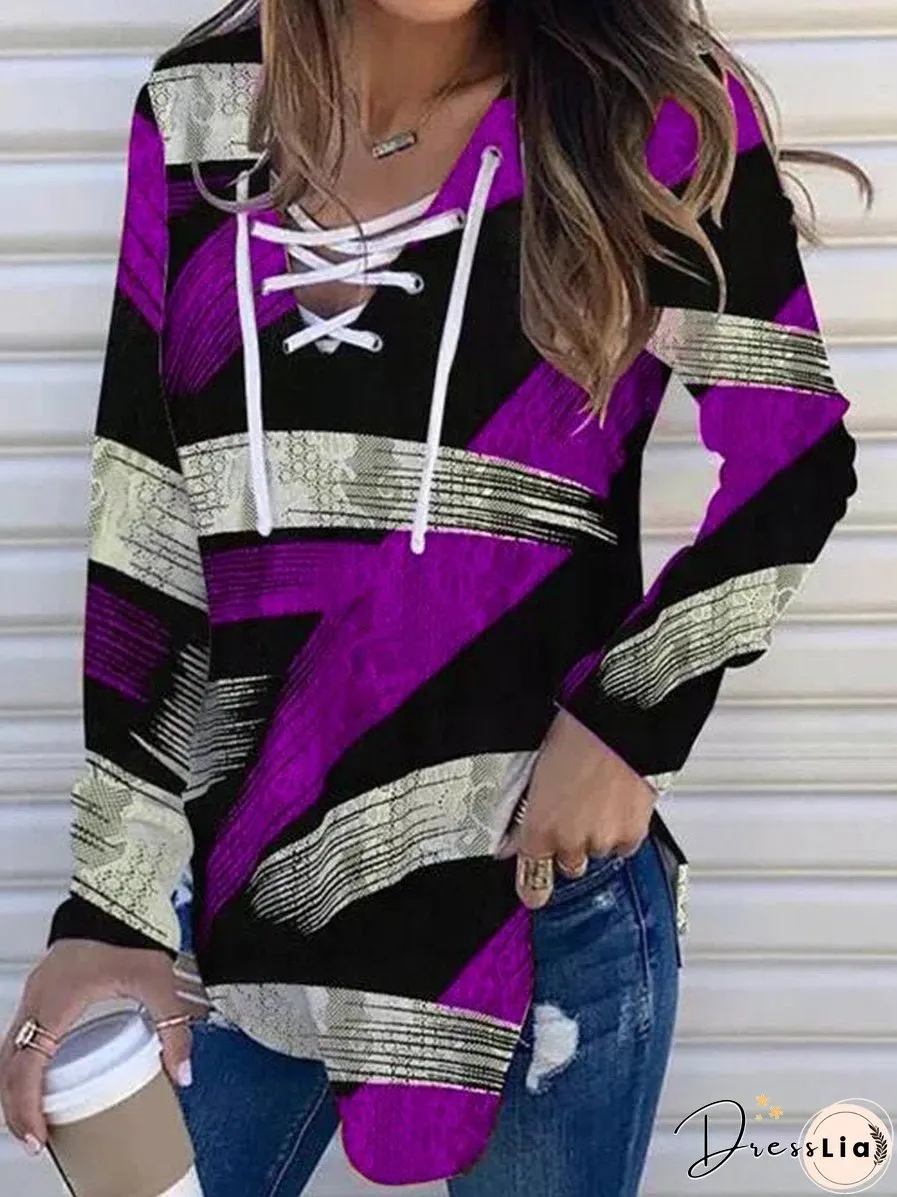 Women's T-Shirts V-Neck Tie Cloth Printed Long Sleeve T-Shirt
