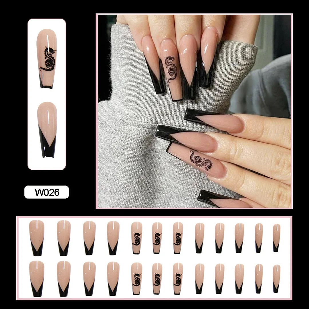 24PCS Dark Punk False Nails with Glue Gradient Long Detachable Fire Stick on Nails Skull Flame  Art DIY Fashion Manicure Tool-Nail Inspo