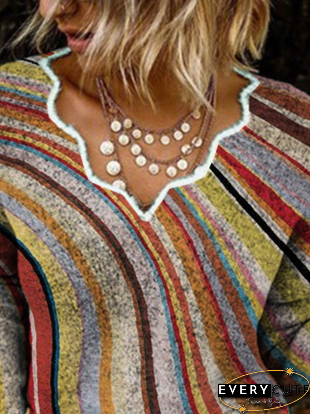 Shift Knitted Long Sleeve Stripes Tops