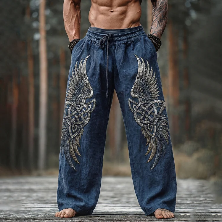 Men's Viking Tribal Jacquard Celtic Knot With Wings Inspired Art Linen Pants