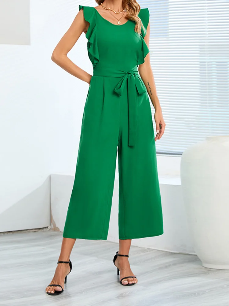 Elegant V-Neck Sleeveless wide Leg Solid Jumpsuit socialshop