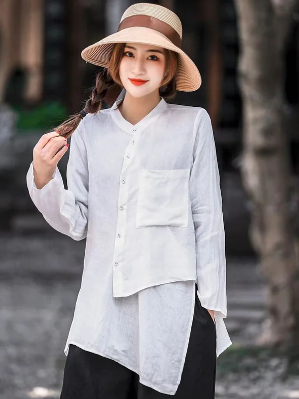 Pocket Stitching Irregular Long-Sleeved Blouses Shirts Top