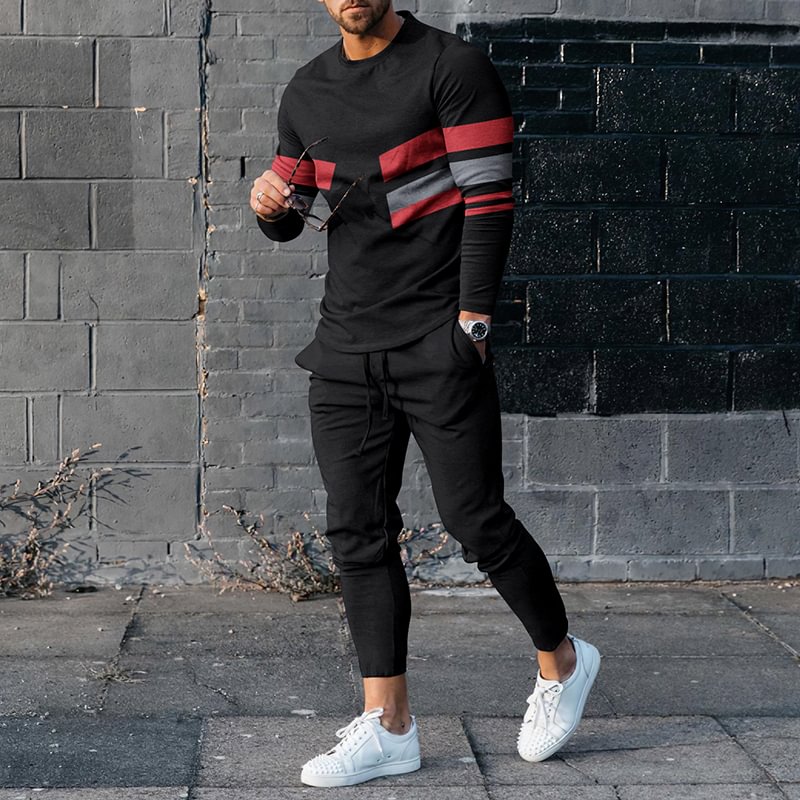 Fashion Red Gray Contrast Color Black Long Sleeve T-Shirt And Pants Co-Ord