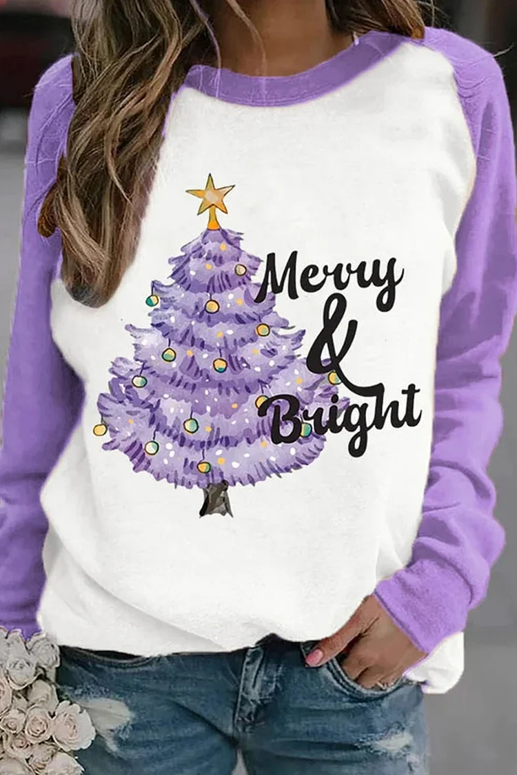 Christmas Tree Merry And Bright Print Casual Sweatshirt