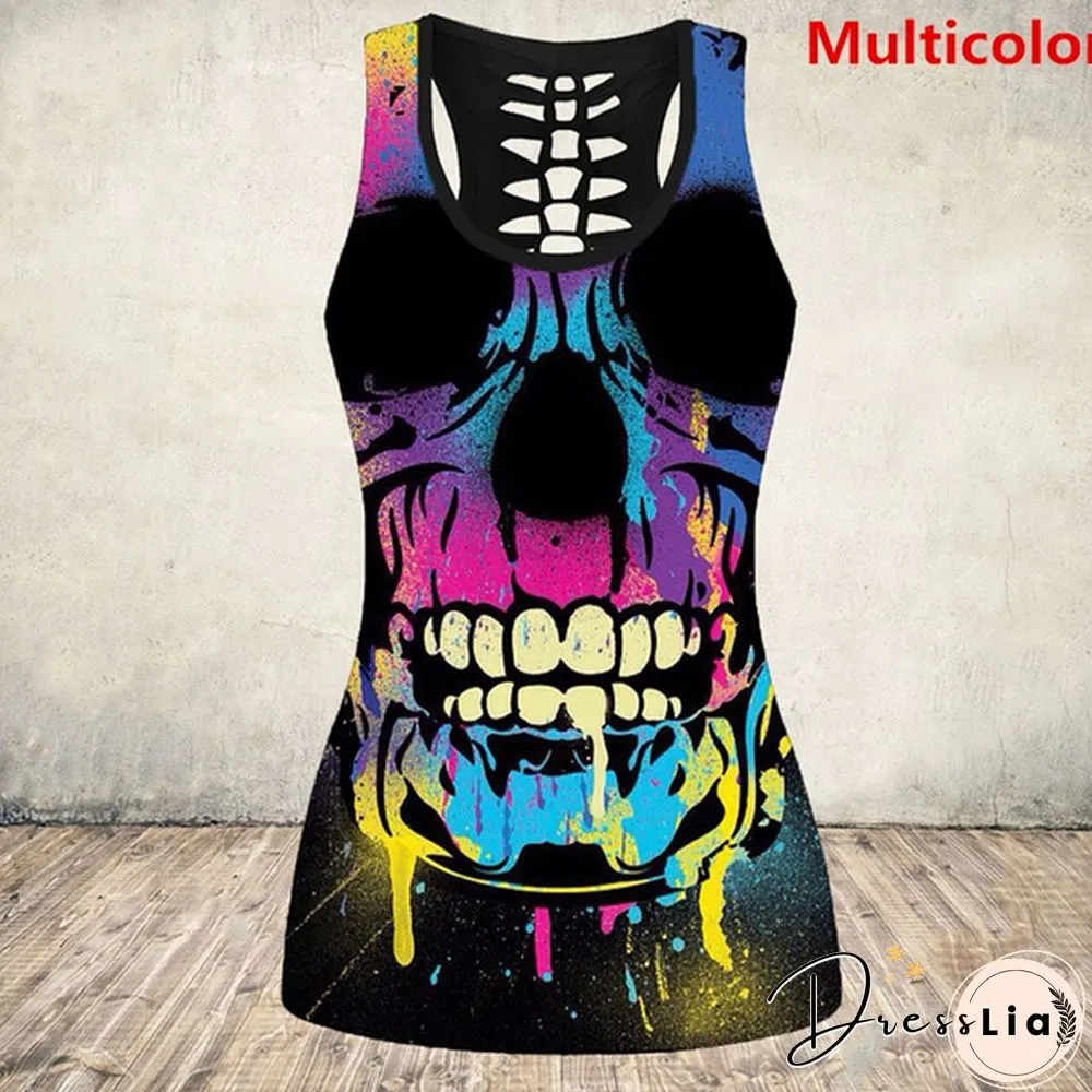 New Women's Skull Print Cut Out Back Tank Top Gothic Sleeveless Shirt Tops