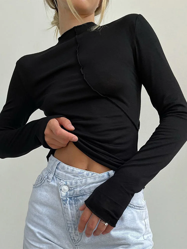 Brownm Split Line Long Sleeve Half Turtleneck Tops