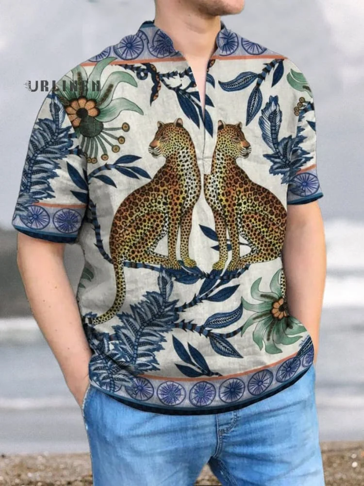 Leopard and Botanical Print Vintage Print Casual 100% Cotton Shirt