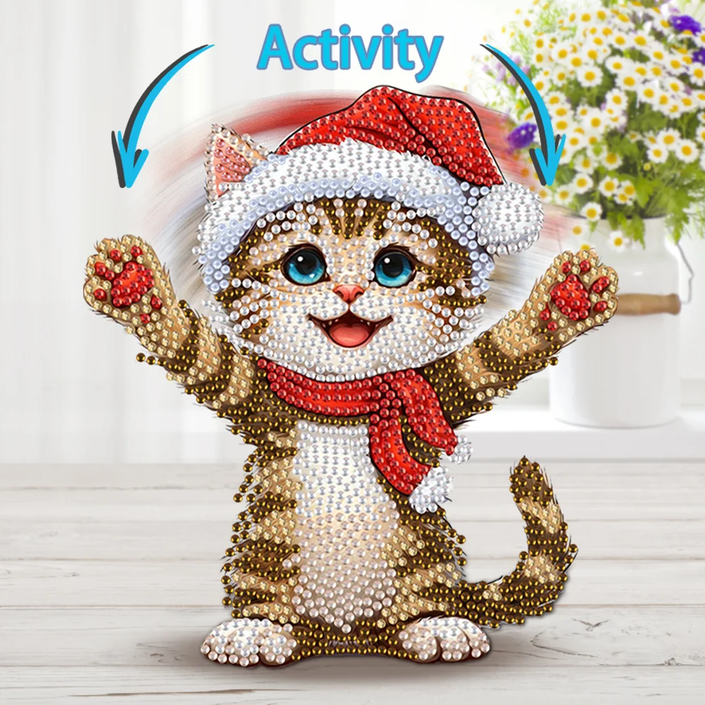 Xmas Acrylic Shaking Head 5D DIY Diamond Art Tabletop Decorations for Home (Cat)