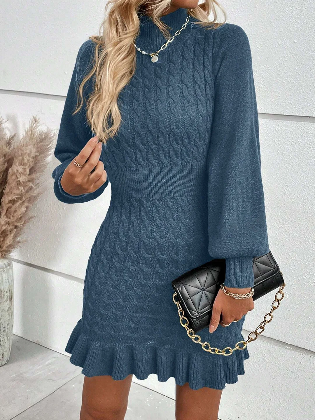 Nigikala Nigikala And Winter New Knitwear Fashion Women's Temperament Mahjong Waist Solid Dress