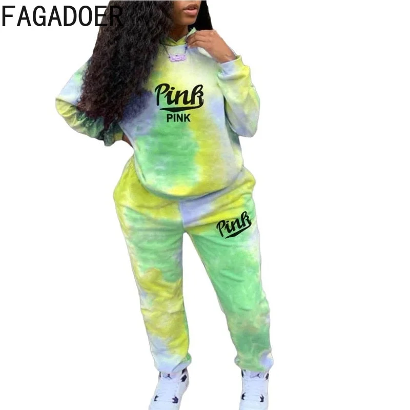 FAGADOER Tie Dye Print Tracksuit Women PINK Letter Pringing Hoody Top + Jogger Pants 2 Piece Sets Female Matching Outfits Spring