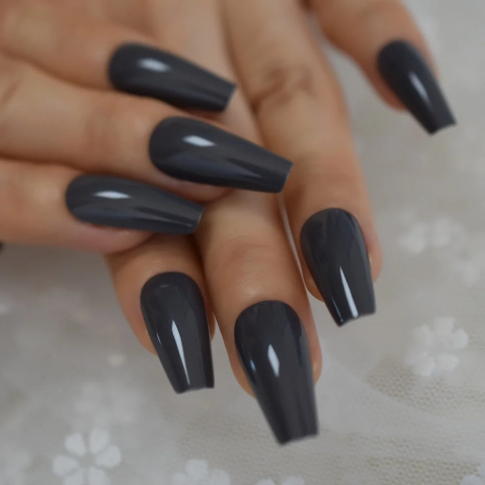 Trapezoid French Nail Nude Pink Color False Nails Black Top Long Tapered Coffin Nail Art Tips Thick Reusable with Adhesive Tabs-Nail Inspo