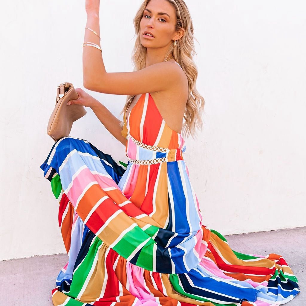Dress Summer Women's Rainbow Striped Printed Lace Stitching Deep V Strap Long