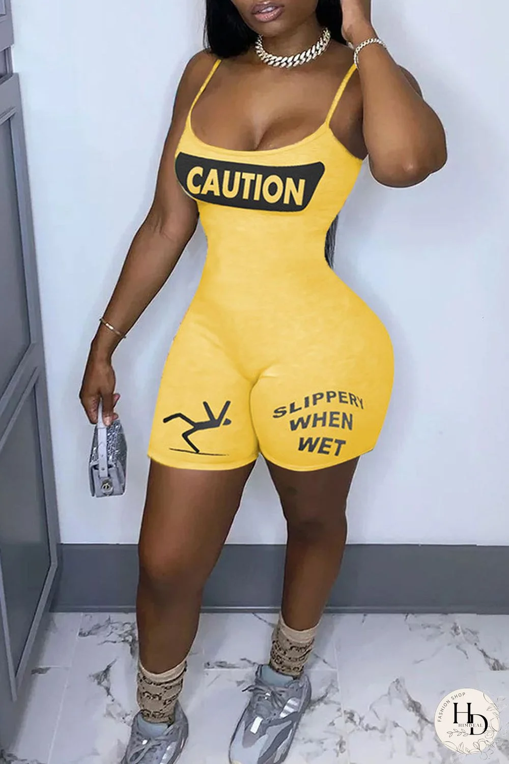 Yellow Sexy Print Split Joint Spaghetti Strap Regular Jumpsuits