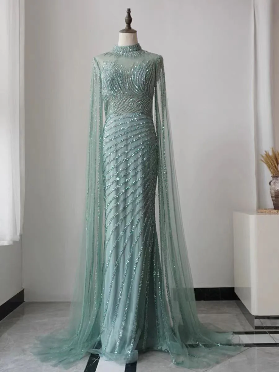 Green Luxury Prom Dress Sequin Beaded Long Sleeves 2024 Elegant Dress YH0085