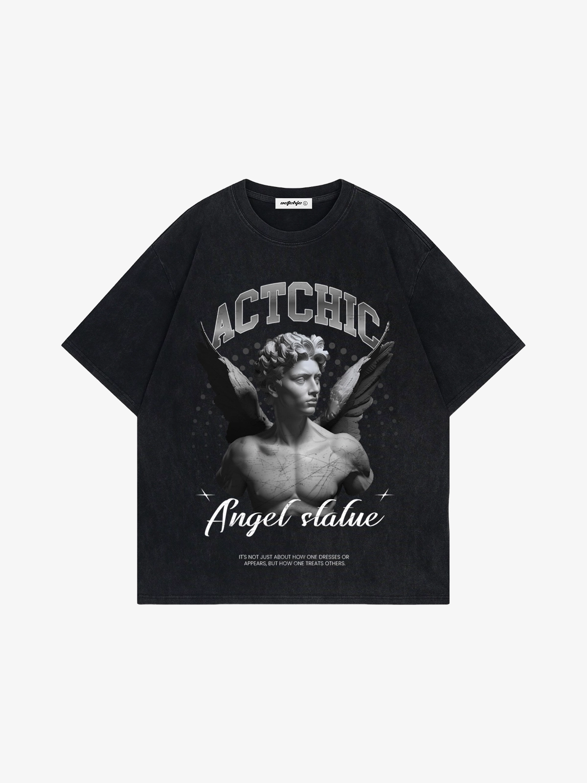 Black Act Chic Angel Statue Print Tee Front
