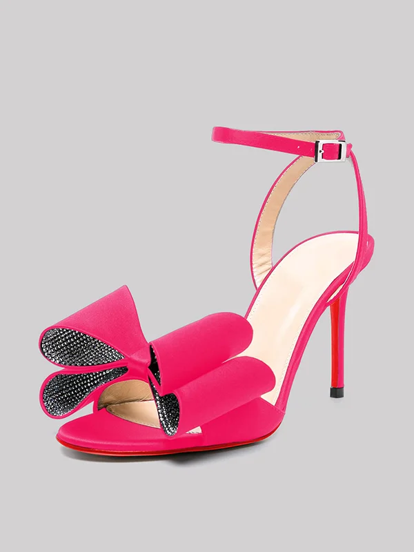 100mm  Women's Sexy Red Sole Open Toe Slingback Sandals Diamond Bow Buckle Sardin Fabric Stilettos Dress Pumps