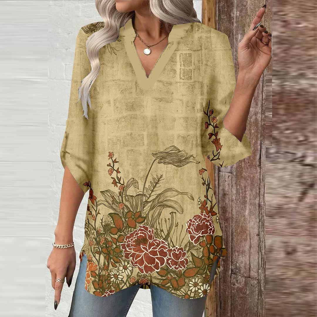 Women Floral, Gray, Red DZGA0659 3/4 Sleeve V-neck Printed Graphic Button Tops