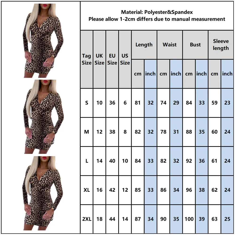V Neck Bandage Bodycon Sexy Mini Dresses Women Fashion Skinny Clubwear Leopard Printed Long Sleeve Party Slim Dress