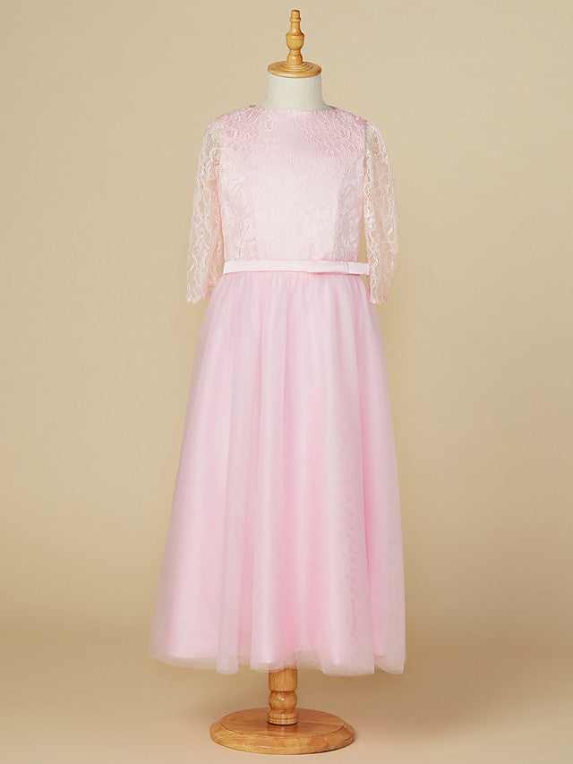 A-Line Jewel Neck Tea Length Lace / Tulle Junior Bridesmaid Dress With Bow(S) / Wedding Party
