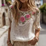 Women's Bohemian Embroidered Rose Comfort Cotton And Linen Crew Neck Short Sleeve - Image 2