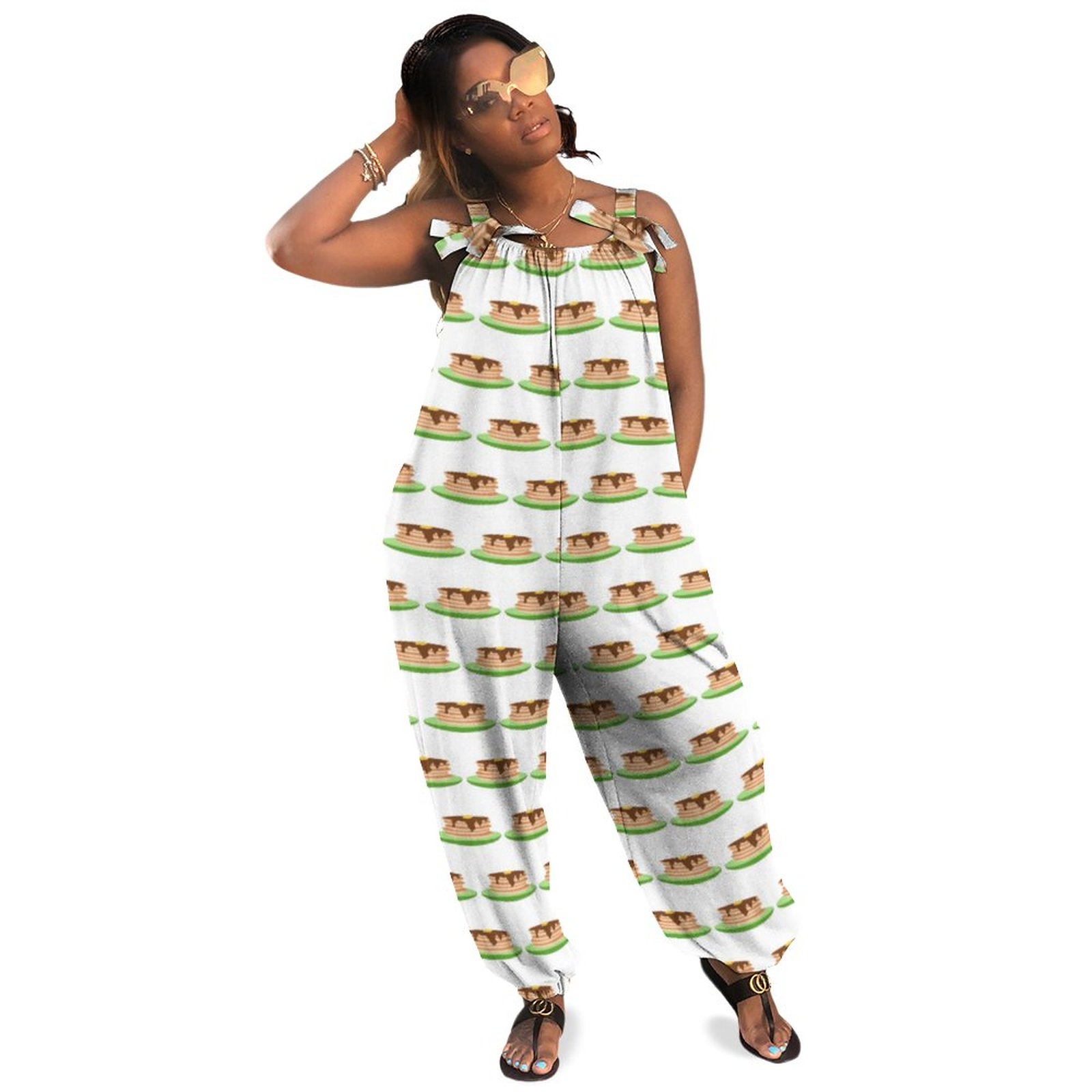Pancake Stack Green Plate Pattern Women Plus Size Jumpsuit Summer Loose Harem Pants Formal Smocked Jumpsuit Wide Leg Boho Pockets