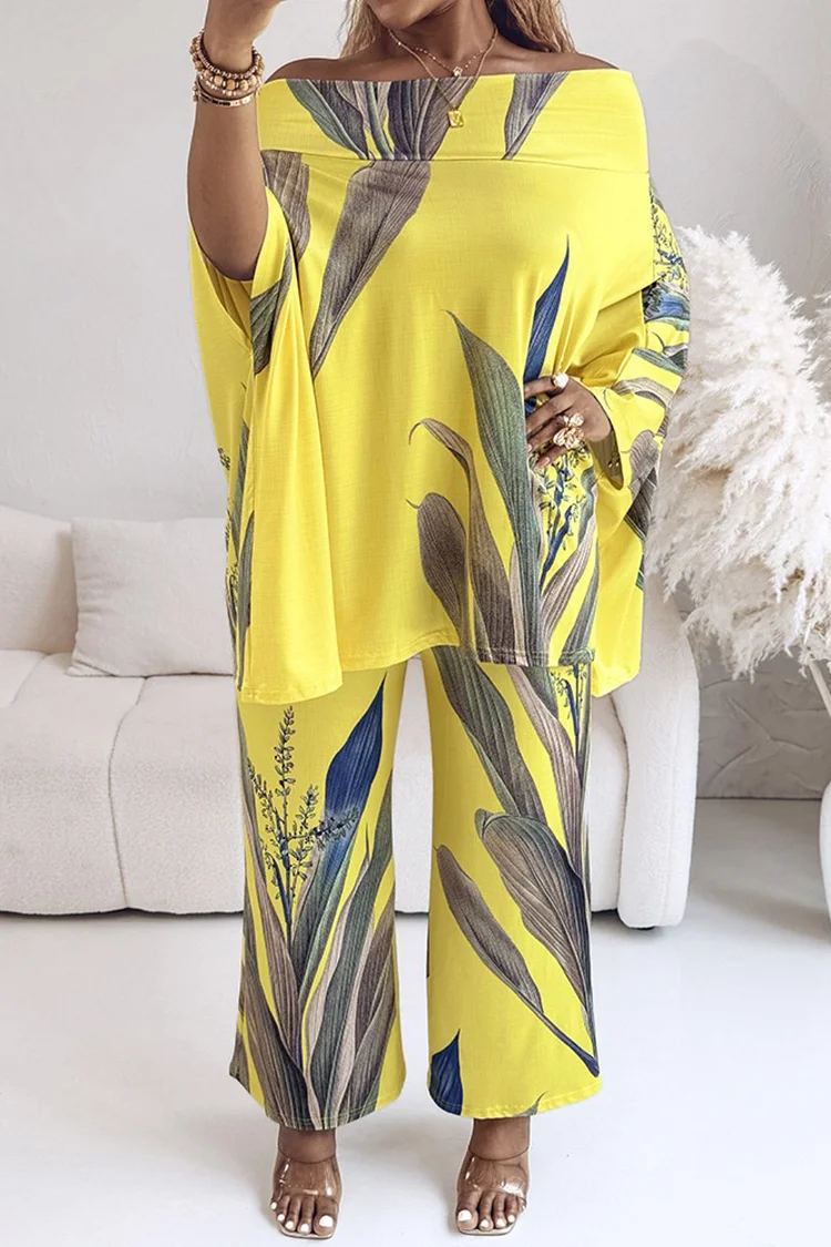 Plus Size Vacation Yellow Tropical Print Off The Shoulder Pocket Casual Two Piece Pant Sets [Pre-Order]