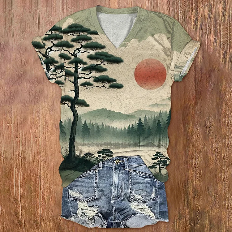 Women's Majestic Pine and Rising Sun Japanese Art Print Casual T-Shirt