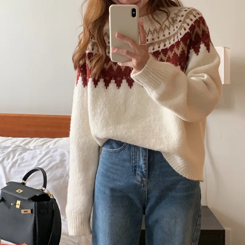 Churchf Churchf Photo 2024 Korea Retro Lazy Wind Jacquard Pop Loose Knit Round Collar Over Red Sweater