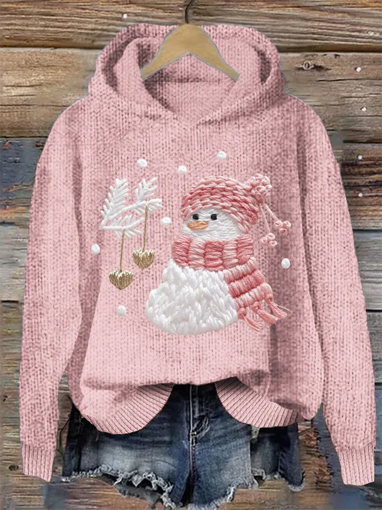 Pink Christmas Snowman Women's Hooded Sweater