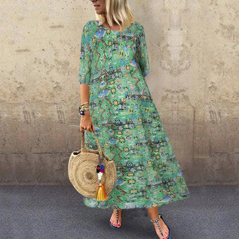 2022 Women Vintage Floal Printed Sundress ZANZEA Autumn 3/4 Sleeve Party Dress  Bohemian Vestido Robe Femme Dresses