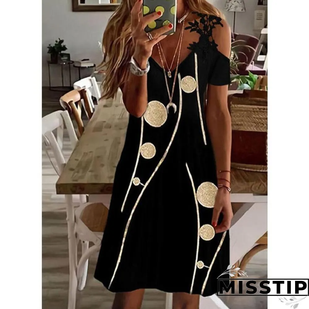 V Neck Open Shoulder Lace Printed Beach Dress