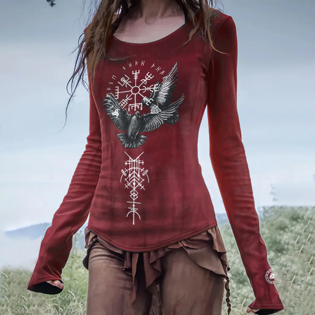 Retro Tribal Bird Viking Ethnic Graphics Long-Sleeved T-Shirt