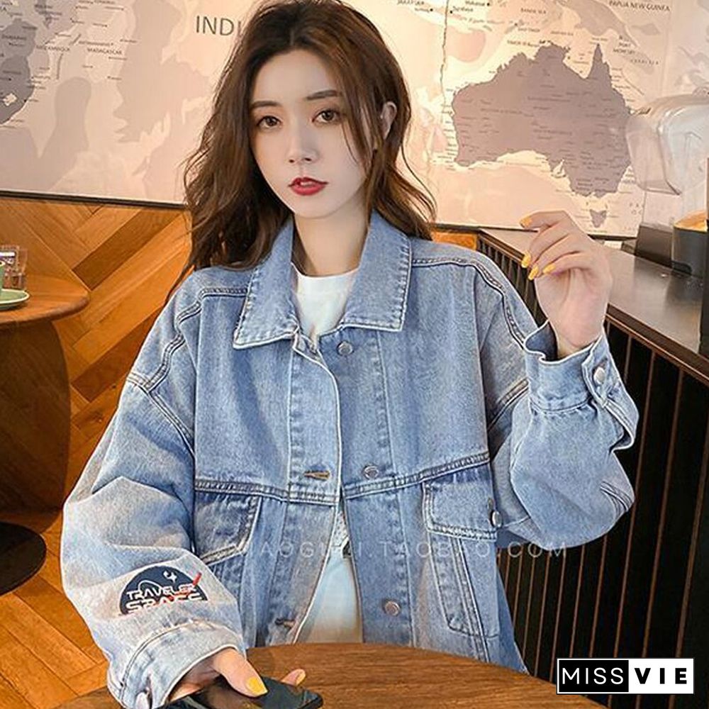 Autumn Cotton Denim Jacket Women Loose Casual Jeans Coats Patchwork Lady Outwear Korean