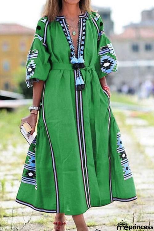 Ethnic Print Pom Pom Maxi Dress