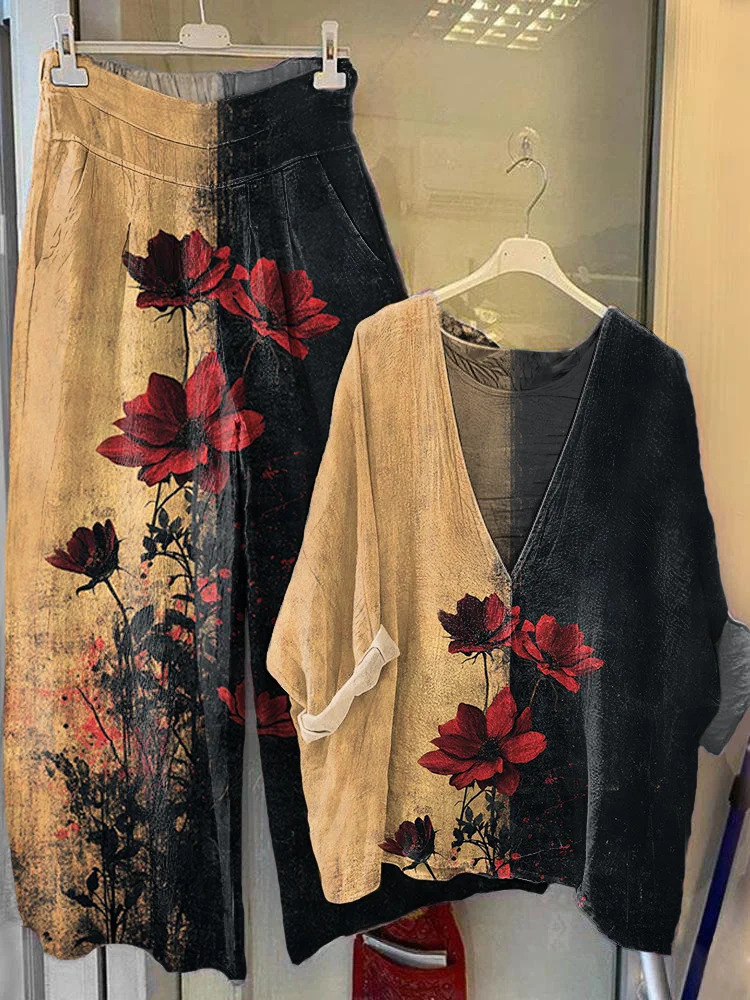 Women's Retro Rose Flower Art Printed V-Neck Top Wide-Leg Pants Cotton Linen Suit